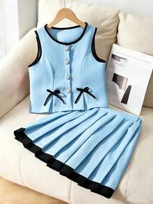 Elladie kids 两件套少女蝴蝶结装饰吊带背心和百褶裙套装，适合春夏外出和度假。 - 藍色 - 查看 4