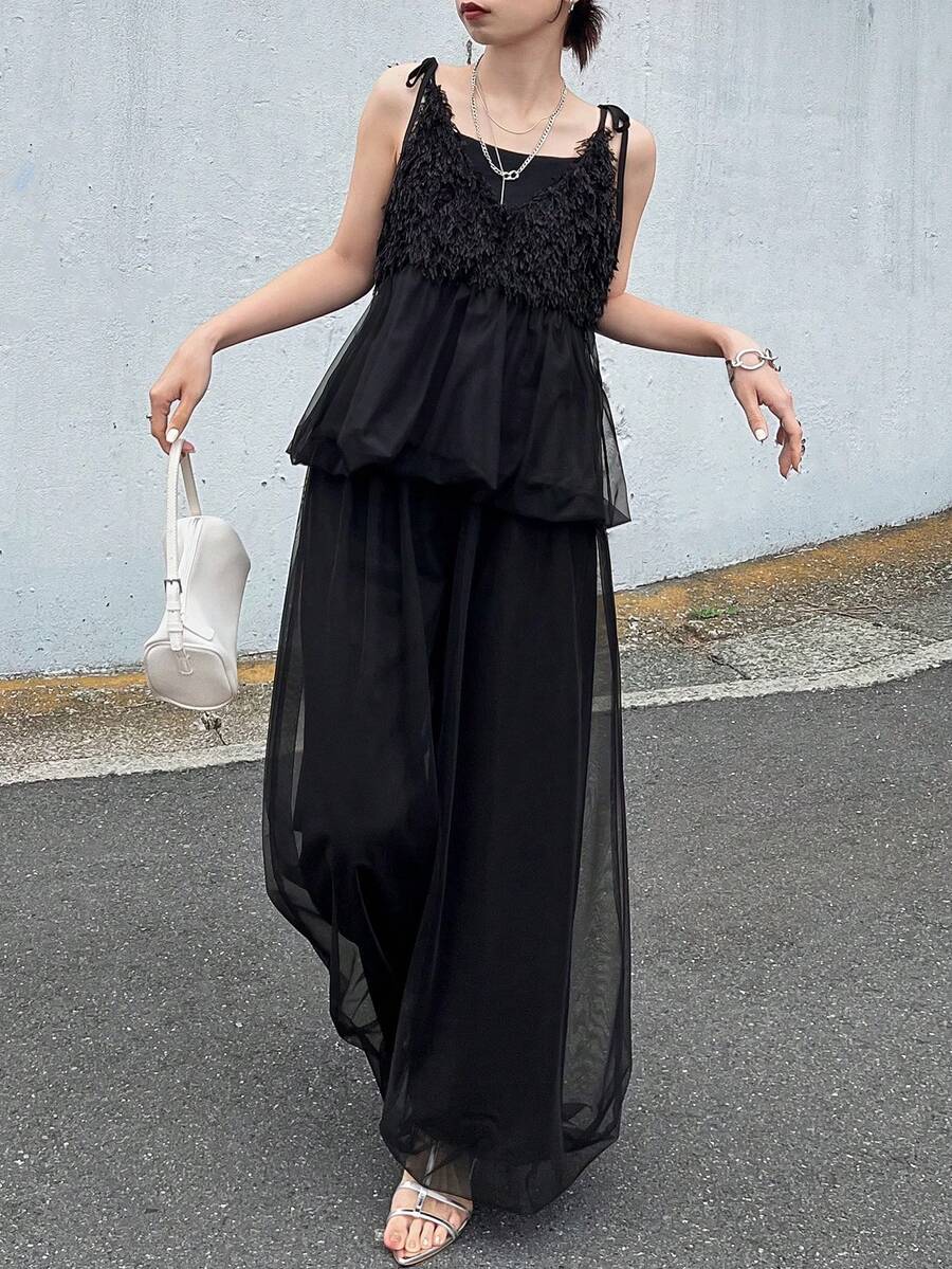 FRIFUL 女士夏季纯色毛绒质感面料拼接透视网纱褶皱宽松休闲百搭无袖两件套 - 黑色 - 查看 1