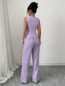 Elenzga Women's Elegant Sleeveless Blazer Vest And Pants Suit Set, Business/Commute Style, Summer - Mauve Purple - View 2