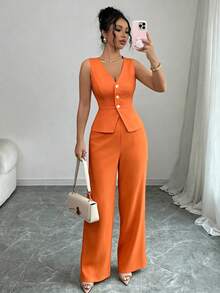 2026 Conjunto de traje de mujer con chaleco sin mangas elegante y pantalones, estilo de negocios/oficina, para verano - Naranja - Ver 5