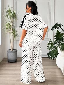 SHEIN EZwear 黑白波点加大码女式休闲圆领短袖T恤和裤子两件套 - 黑與白 - 查看 5