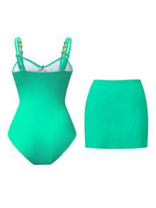 Swim 1 pieza Mono de baño casual con decoración de pentágrama lindo para mujer - Verde lima - Ver 6