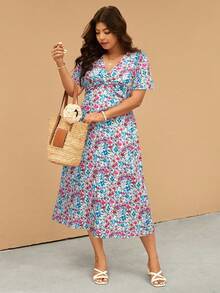 Elaquor Vestido casual de manga corta con diseño de torsión y estampado floral diminuto para mujer de talla grande - Multicolor - Ver 3