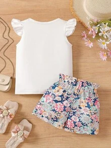 SHEIN Bộ 2 món/Bộ áo và quần short in hoa cho bé gái đi nghỉ thường ngày - trắng - Xem 2