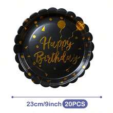 Black Base Gold Birthday Balloon Petal Disposable Plates, Napkins And Cups Set, Serves 20 Guests. This Disposable Party Supplies Set (Including Plates, Napkins And Cups) Is Perfect For Birthday Parties, Weddings And Family Picnics. - View 8