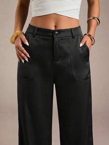 SHEIN PETITE CURVE Plus Size Women's Black Autumn Smart Casual Everyday Pants, CURVE Petite High-Waisted Wide Leg Loose With Pockets, Elegant Office Bussines Gym - Black - View 6