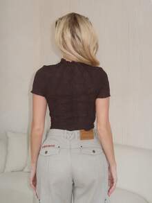 Turnttoni T-shirt décontracté en tricot texturé transparent à col rond et manches bouffantes de couleur unie pour femmes - Marron - Voir 2