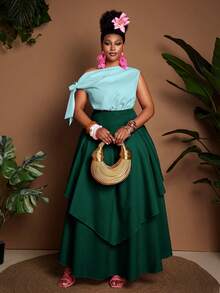 Maweii Plus Size Sleeveless Tie-Front Romantic Casual Dress - Green - View 1