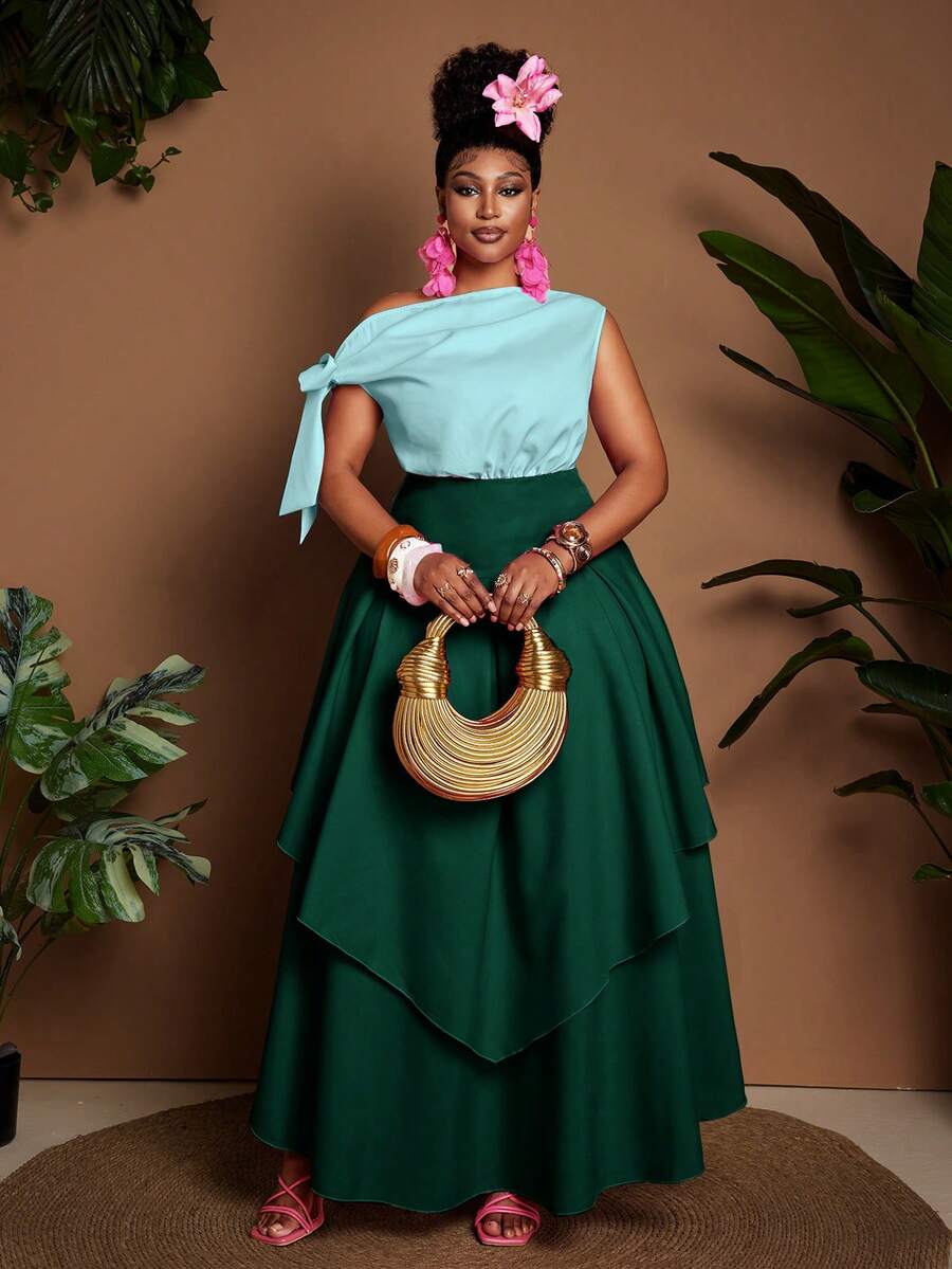 Maweii Plus Size Sleeveless Tie-Front Romantic Casual Dress - Green - View 1