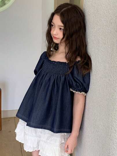 DAZY Lantern Sleeve Short Sleeve Cute A-Line Hem Tween Girls Blouse