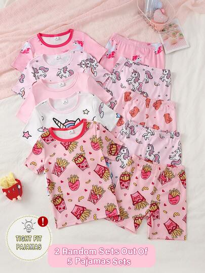 [5-Set Random 2-Set] Toddler Girls' Sweet Cute Elegant Casual Comfortable Soft Stretchy Knit Fabric Pink Multicolor Cartoon Hamster Unicorn French Fry Graphic Print Round Neck Short Sleeve Top & Shorts Pajama Set, 4-Piece Sleepwear Set