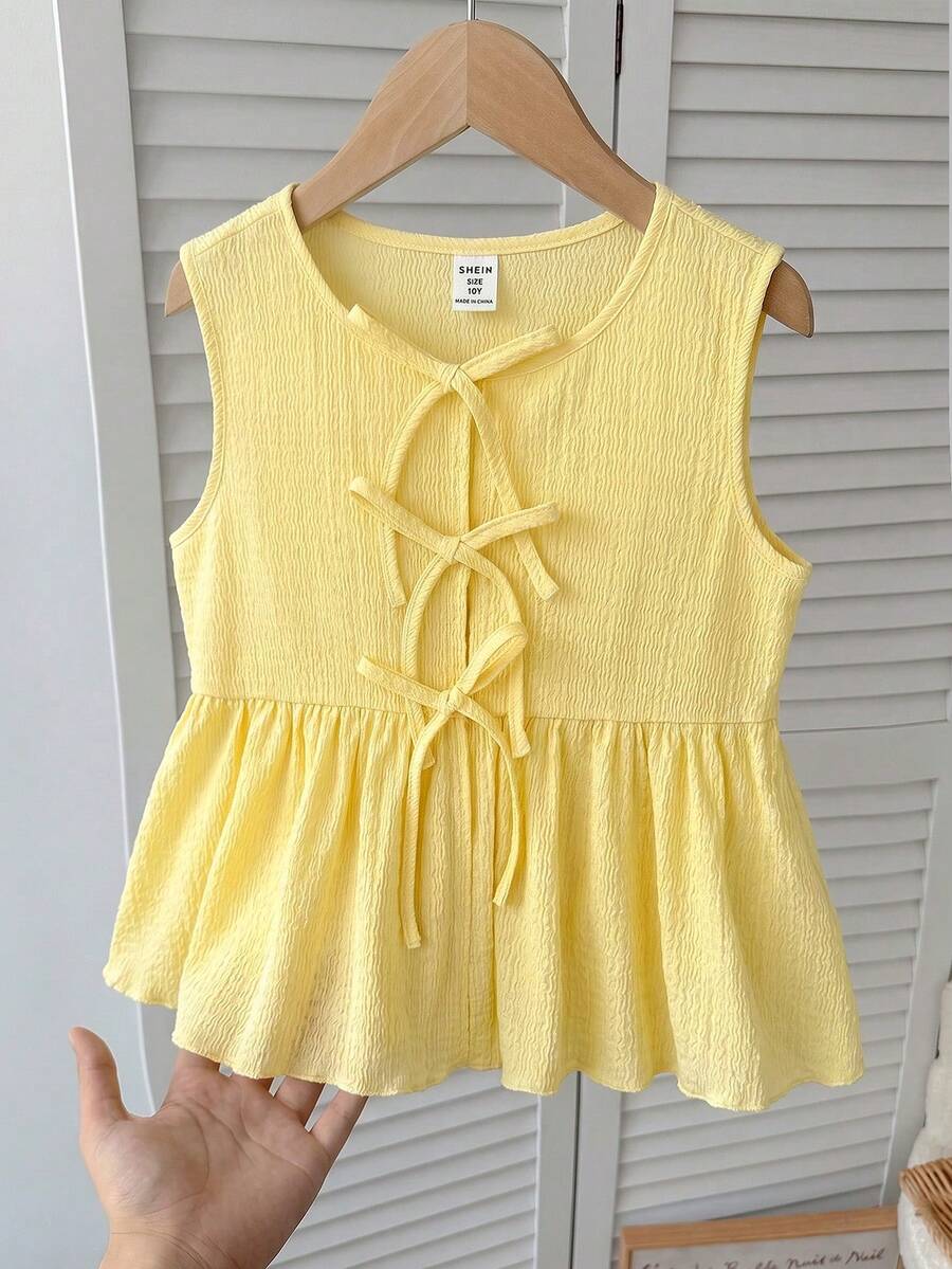 SHEIN 少女奶油黄色纹理蝴蝶结前襟休闲度假上衣 - 黃色 - 查看 1