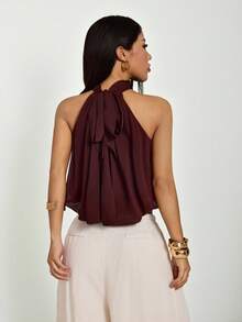 SHEIN PETITE Top corto con fruncido y escote halter de moda y sexy para mujer, adecuado para citas y festivales de música - Café integral - Ver 2