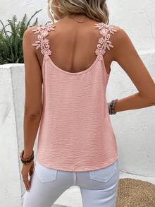 SHEIN Frenchy Áo ba lỗ bằng vải ren cổ chữ V có đính ren gu guin - Màu Hồng  Dưa hấu - Xem 2