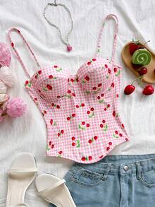 Soleia Áo hai dây croptop nữ kiểu dáng đi nghỉ mát, có cúc, họa tiết kẻ caro và quả anh đào, thích hợp cho bãi biển, bờ biển hoặc hẹn hò. - Nhiều màu - Xem 1