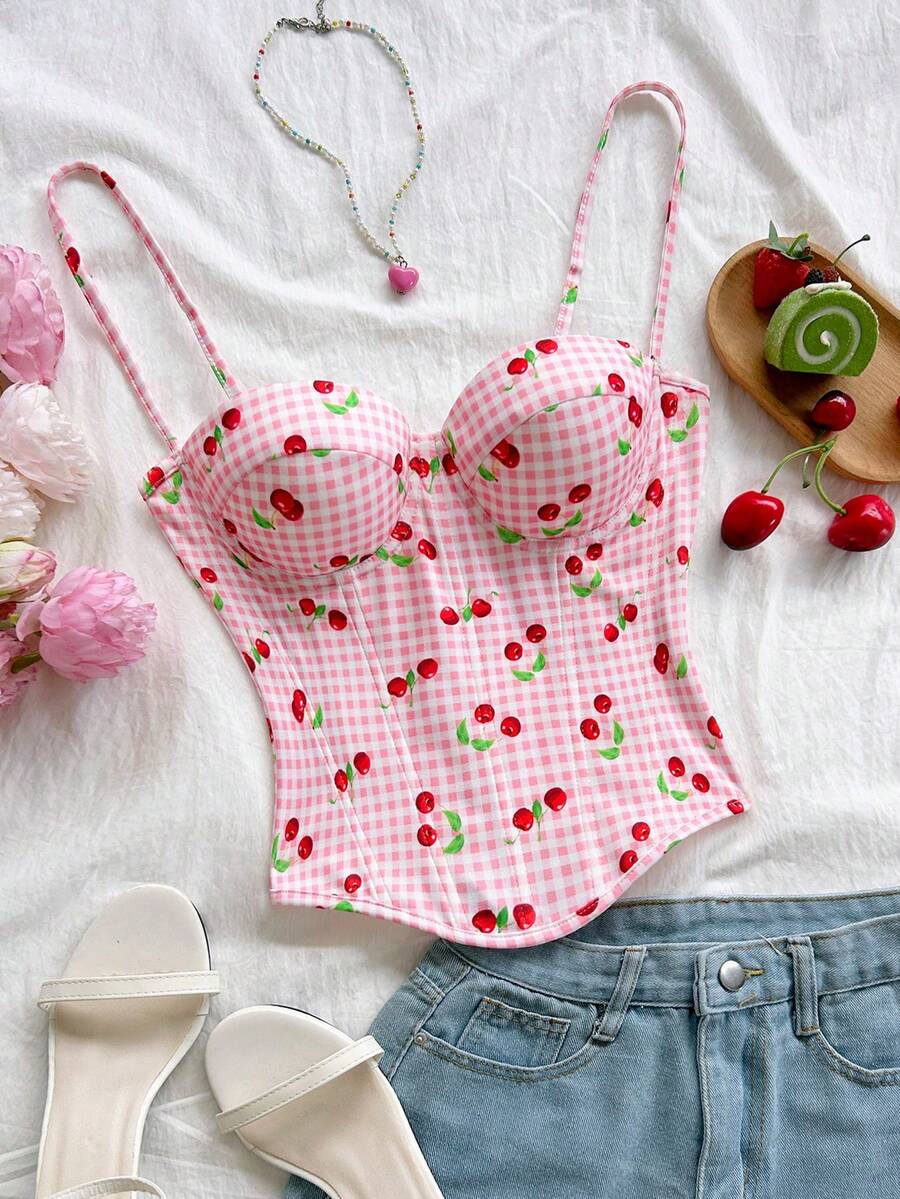Soleia Áo hai dây croptop nữ kiểu dáng đi nghỉ mát, có cúc, họa tiết kẻ caro và quả anh đào, thích hợp cho bãi biển, bờ biển hoặc hẹn hò. - Nhiều màu - Xem 1