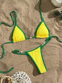Swim Vcay Swimsuits For Woman Summer Beach Rib Binding Trim Halter Micro Triangle Bikini Yellow Bikini Set Brazilian Bikini Set Lemon Bikini Yellow Bathing Suits String Bikini Set - Yellow - View 1