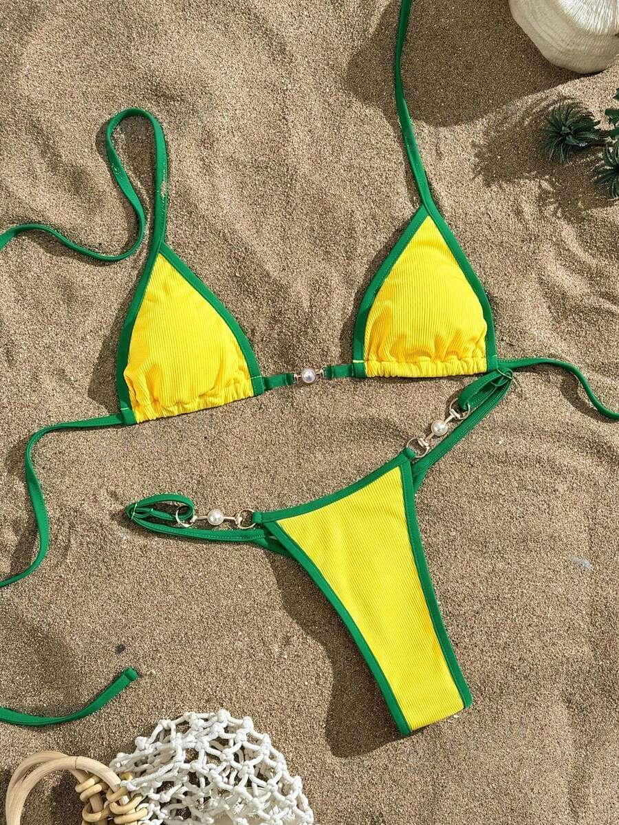 Swim Vcay Swimsuits For Woman Summer Beach Rib Binding Trim Halter Micro Triangle Bikini Yellow Bikini Set Brazilian Bikini Set Lemon Bikini Yellow Bathing Suits String Bikini Set - Yellow - View 1