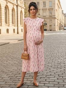Momance Vestido de lactancia con cuello redondo y manga corta con estampado floral completo para maternidad - Rosa Pálido - Ver 8