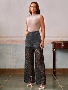 Anewsta Fashionable & Elegant Lace Rhinestone Embellished Denim Jeans - Black - View 7