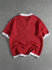 ROMWE MEN Prep Áo Polo nam dệt kim thêu - Đỏ - Xem 2