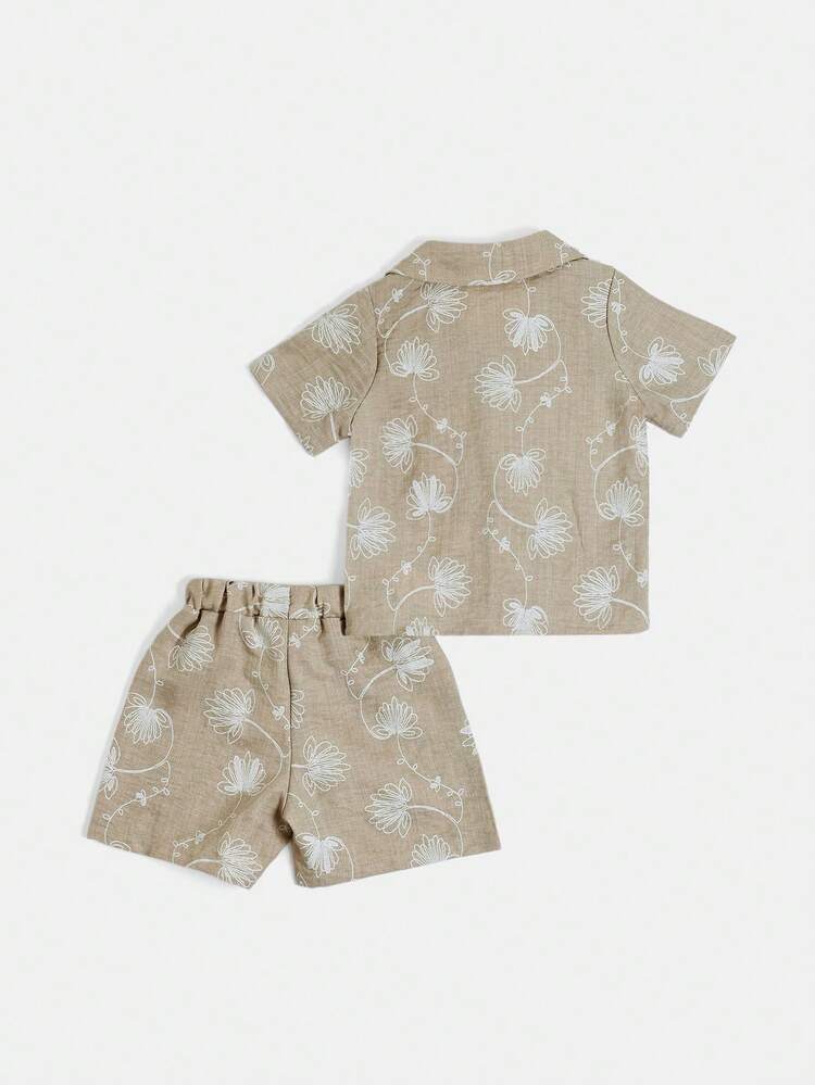 Boys Embroidered Floral Shirt And Shorts Co Ord Set Short Sleeve Button Down Casual Summer Outfit Beige Two Piece