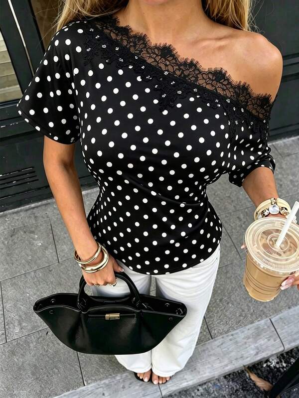 Elyressa Women's Elegant Blouse, Women's Commuter Blouse, Women's Summer Blouse, Women's Off-Shoulder Blouse, Women's Minimalist Polka Dot Print Blouse, Women's Black Blouse, Women's Lace Trim Collar Blouse, Suitable For Date, Party, Casual, Commute, Vacation, Music Festival