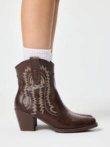 ROMWE Fairycore 2026 New Women's Small Square Toe Solid Color Thick Heel Fashion Sleeve Ankle Boots Western Boots And Ankle Boots - Coffee Brown - View 4