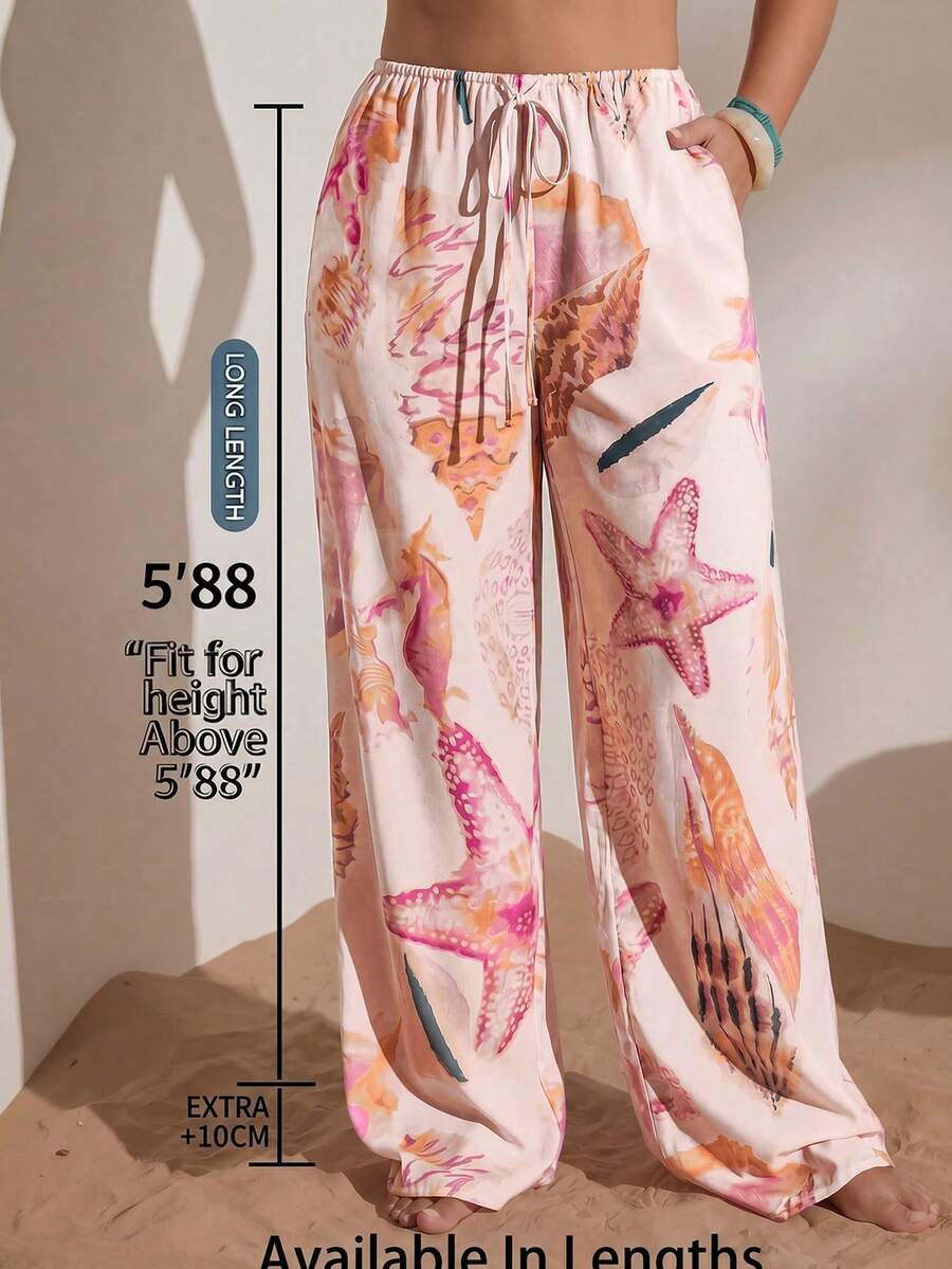 SHEIN Tall CURVE 大码女式时尚百搭海星印花抽绳腰带口袋裤 - 淺粉色 - 查看 1
