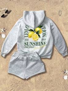 Attitoon Set de 2 piezas con sudadera corta holgada y shorts con estampado de letra de limón en estilo minimalista casual, adecuado para verano, vacaciones, versátil, baile - Gris - Ver 1