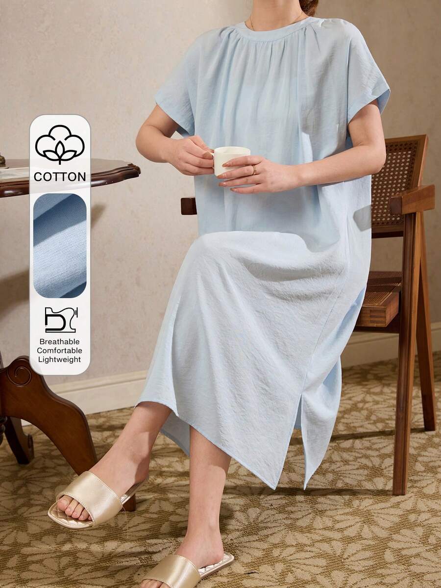 DAZY Women's Solid Color Pleated Casual Everyday Dress Summer Pajamas - Blue - View 1