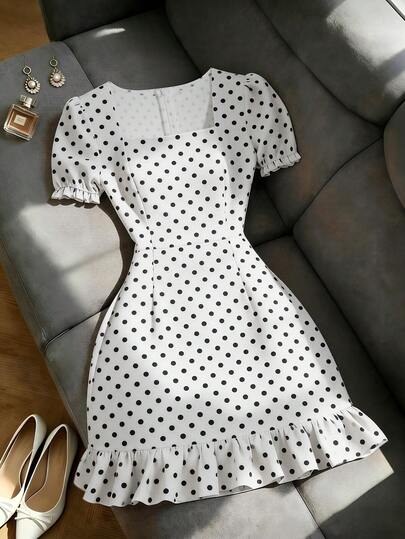 Franclia Elegant & Cute French Style Commuter Dress For Women, Fitted Square Neck Polka Dot Ruffle Lantern Sleeve Short Dress, Suitable For Spring, Summer, Autumn And Winter Outings, Dates And Gatherings