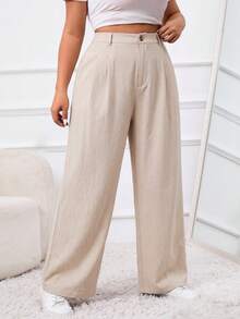 SHEIN PETITE CURVE Calça Casual Cintura Alta Perna Larga em Cor Sólida para Mulheres Plus Size - Caramelo - Visão 4