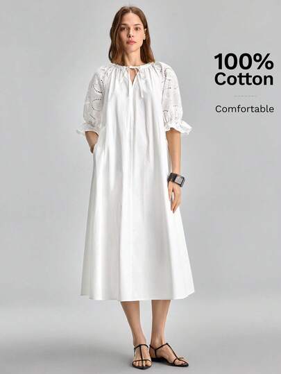 Ontre 2026SS Spring/Summer New Arrival Women's Mid-Length Loose Dress, Bestselling Solid White/Beige Color, Minimalist Elegant Urban Chic, Ruffle Hem Design, Layered Patchwork, A-Line Silhouette, Elastic Cuff, Woven Fabric, Women's Outerwear, Vacation/Holiday Wear, Wedding Guest Attire, Office/Teacher Outfit, Back To School, Versatile Mid-Length Dress