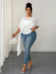 Maweii Blusa elegante branca plus size com amarração no pescoço - Branco - Ver 2