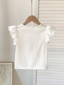 女嬰休閒時尚刺繡波西米亞花卉可愛荷葉袖圓領上衣，適合春夏季 - 彩色 - 查看 2