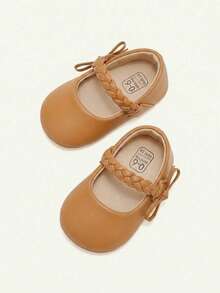 Cozy Pixies A Pair Of Childlike Cute Brown Basic Princess Style Girls Woven Bows Mary Jane Love Soft Non-Slip Bottom Baby Flats - Brown - View 3