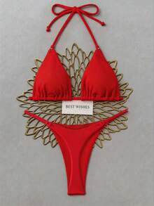 Swim Basics Women's Summer Vacation Beach Solid Color Bikini Set - Red - View 1