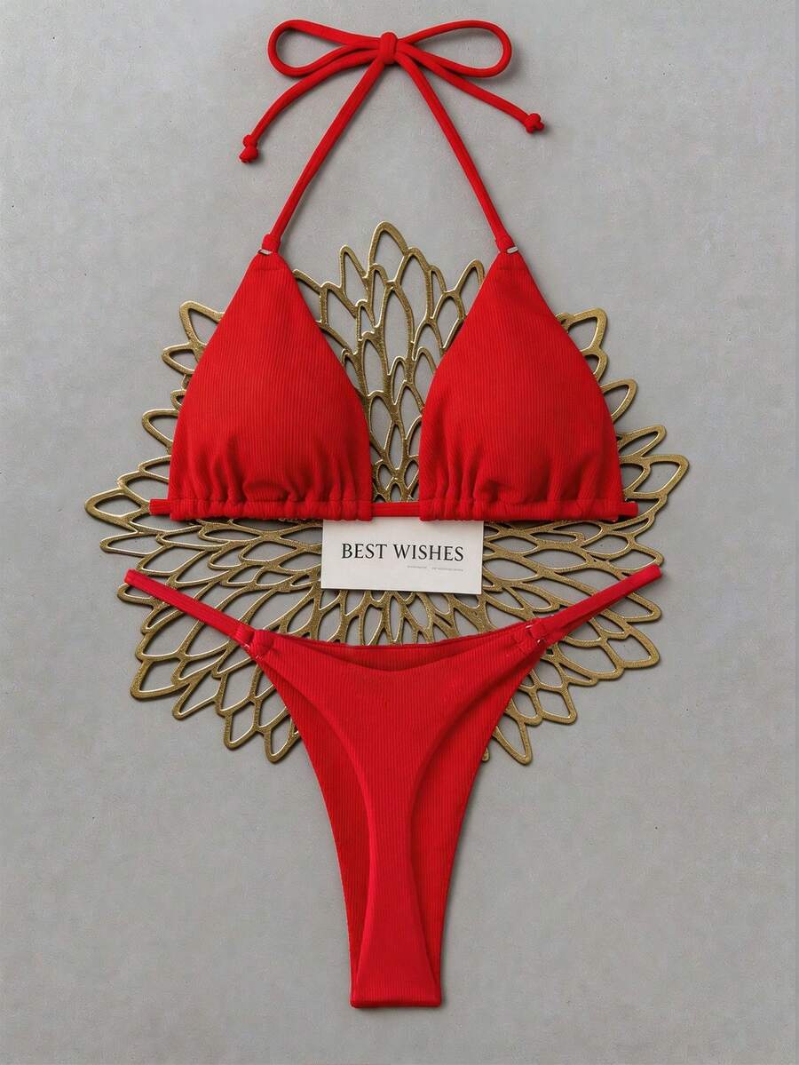 Swim Basics Women's Summer Vacation Beach Solid Color Bikini Set - Red - View 1