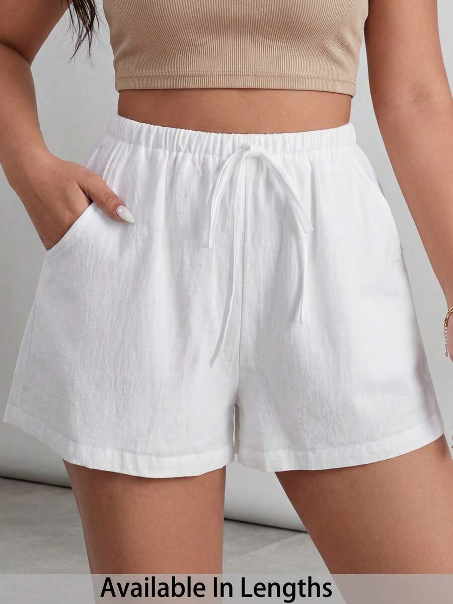 SHEIN Tall CURVE 大码高腰纯色系结前开衩休闲短裤,夏季 - 白色 - 查看 1