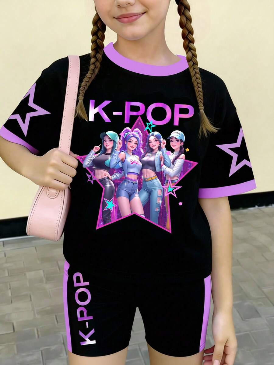 Spring And Summer Girl's & Tween Girl Casual Fashion Creative Personalized Refreshing Minimalist Cool Virtual Girl Group Pentagram Star Graphic Black Background Contrast Color Slogan Letter Print Casual Basic Short T-Shirt + Bike Shorts Set, Comfortable Outfit Suitable For Spring, Summer And Autumn - Multicolor - View 1