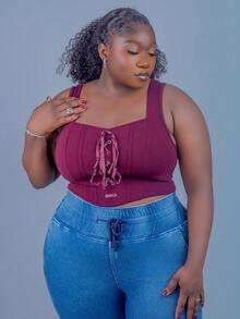CurvyTilda Plus Size 1pc Lace-Up Front Bow Tie Corset Structure Tank Top, For Hourglass Body Shape, For Summer - Burgundy - View 3