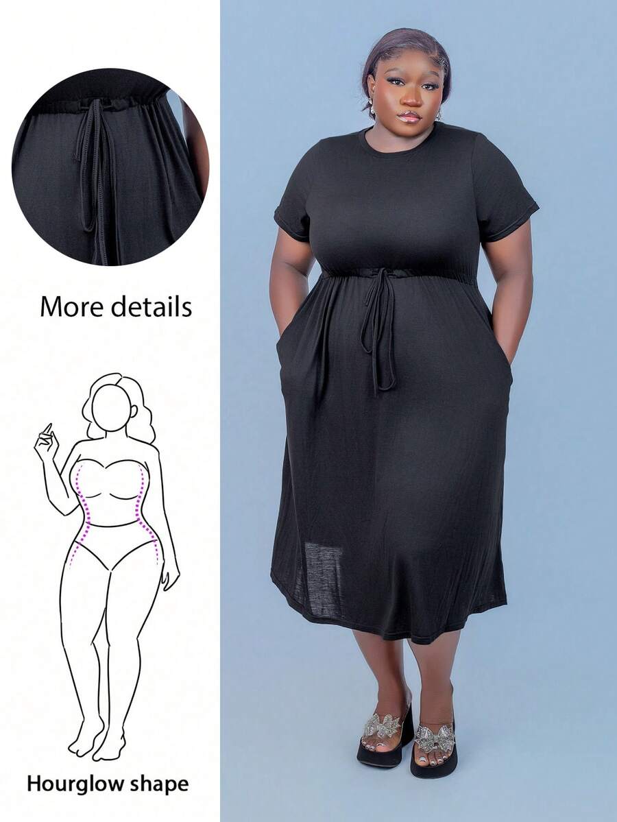 CurvyTilda Damen Kleid in Große Größen, Sommer Outfit leok, einfarbig, mit Taillengurt, A-Linie (mit Taschen), langarm - Schwarz - Übersicht 1