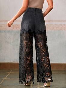 Anewsta Fashionable & Elegant Lace Rhinestone Embellished Denim Jeans - Black - View 6