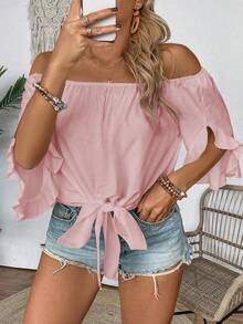 EMERY ROSE Plus Size Casual Solid Color Off-Shoulder Tie-Up Shirt Bussines Vacation Pink Summer - Pink - View 1
