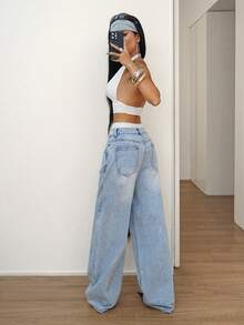 StreetHx Quần jeans ống rộng cạp thấp thêu họa tiết, phong cách đường phố thường ngày, thời trang. - Rửa nhẹ - Xem 2