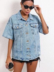 KOT YELEK Solid Color Casual Elegant Sexy Denim Pocket Button Front Coat, Suitable For Spring, Autumn, Summer, Relaxed, Sports - Light Wash - View 6