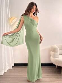 SHEIN Tall Đầm nữ thanh lịch màu trơn, thiết kế bất đối xứng vai, đầm sang trọng cho nữ, đầm dạ hội, đầm dự tiệc cưới mùa thu, đầm dự tiệc cưới cho nữ. - Màu xanh Bạc hà - Xem 10