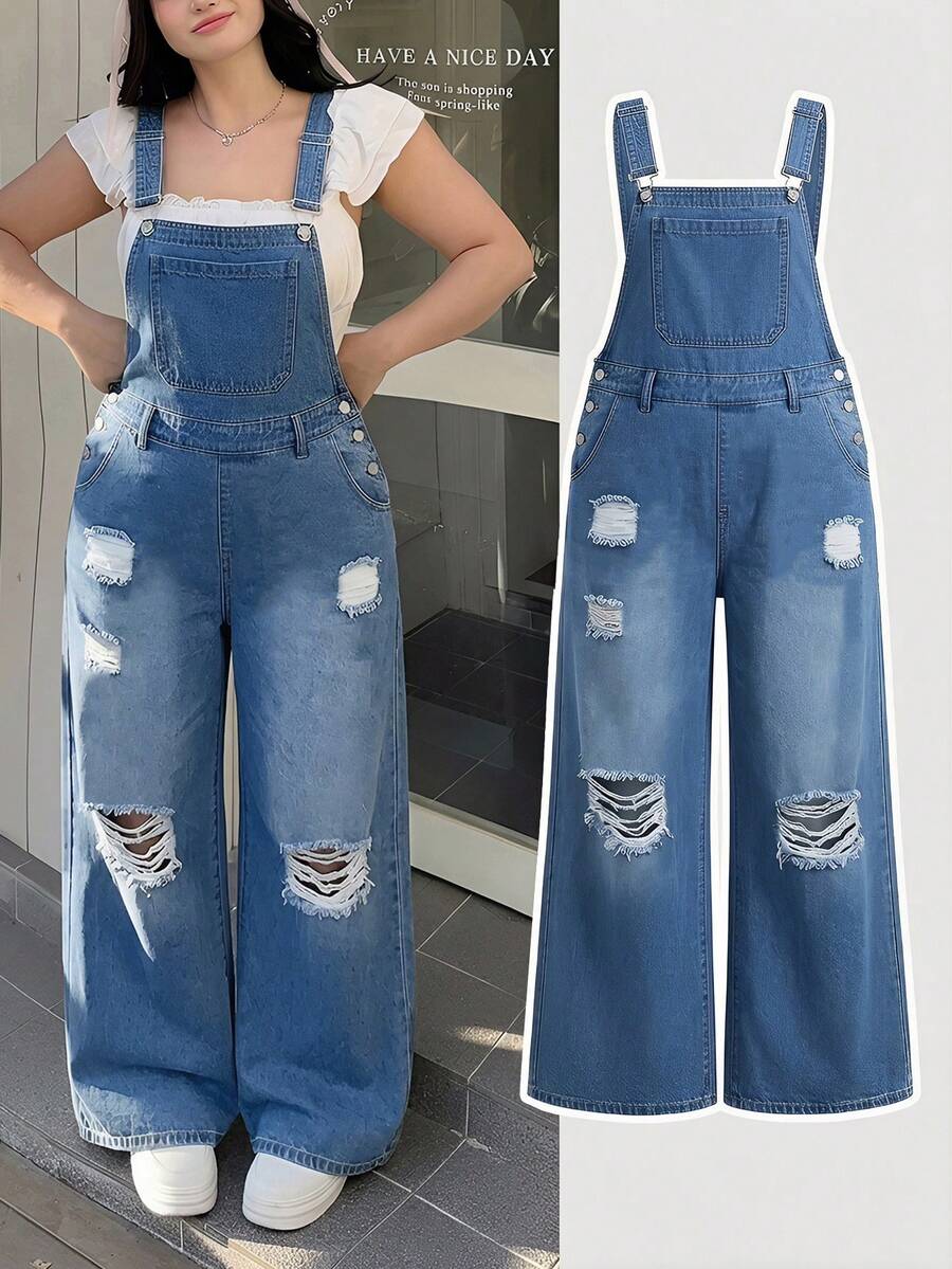 SHEIN MOD Plus Size Denim Overalls Spring Casual Overalls Ripped Straight Pants Casual Spring Overalls Y2K Outfit - Light Wash - View 1
