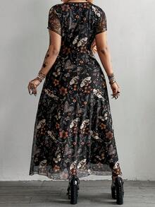 Whyspr Elegant Sexy Sheer Mesh Ruched Drawstring Waist A-Line Punk Grunge Goth Style Long Dress, Black, Plus Size - Black - View 2